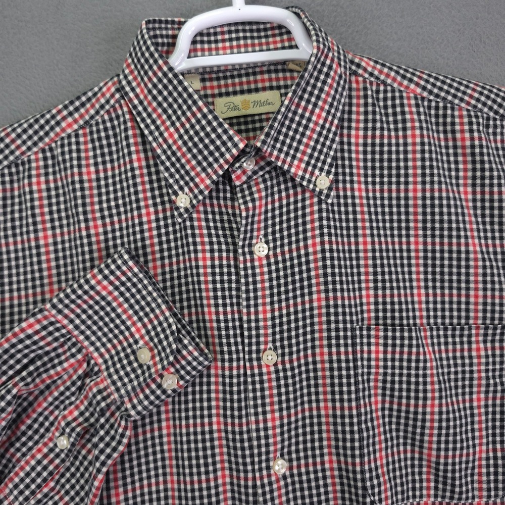 Peter Millar Shirt Mens L Button Down Plaid Gingham Red Black Cotton Long Sleeve